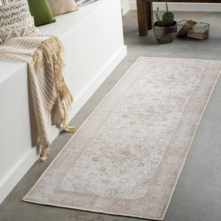 light Pink and Charcoal Traditional Medallion washable Turkish design rug - The Rug Decor