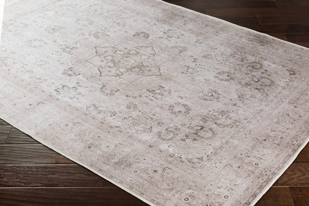 light Pink and Charcoal Traditional Medallion washable Turkish design rug - The Rug Decor