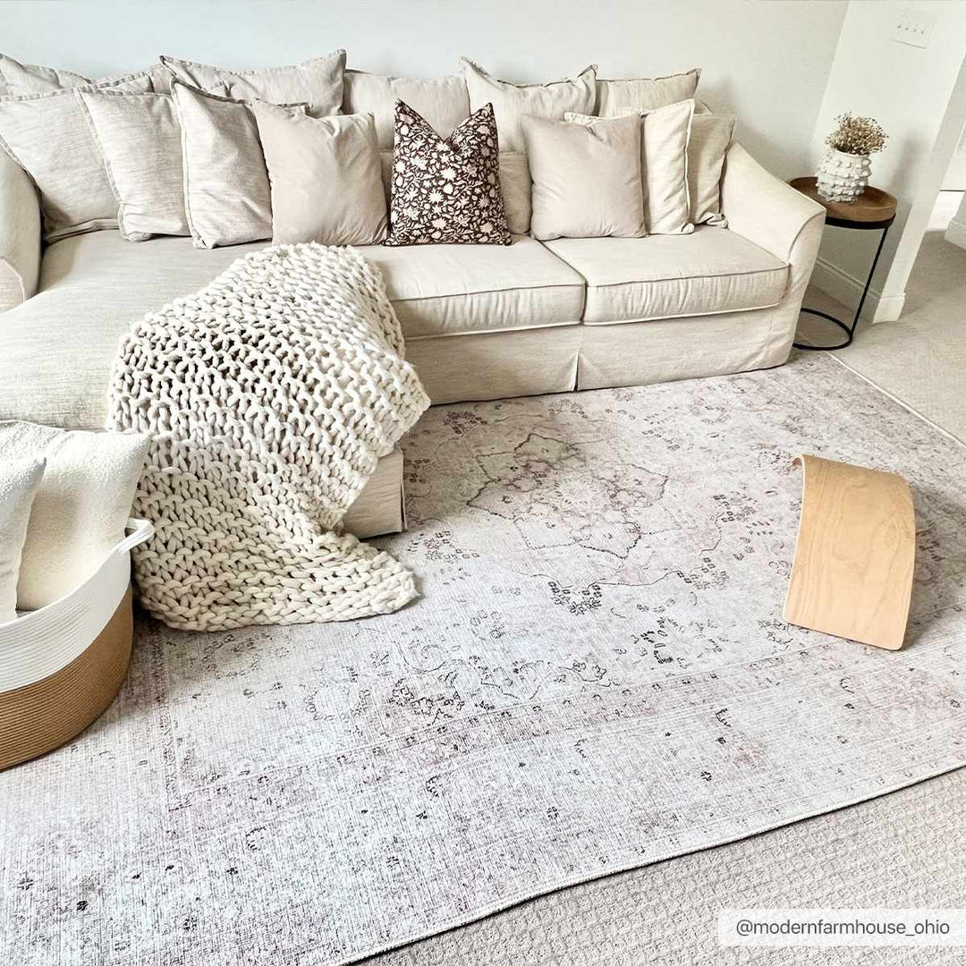light Pink and Charcoal Traditional Medallion washable Turkish design rug - The Rug Decor
