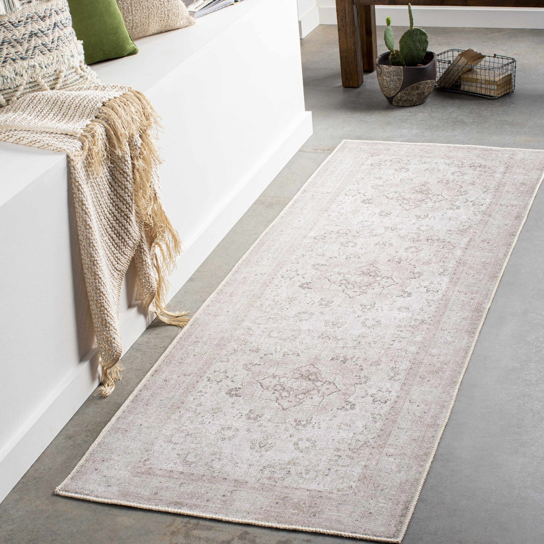 light Pink and Charcoal Traditional Medallion washable Turkish design rug - The Rug Decor