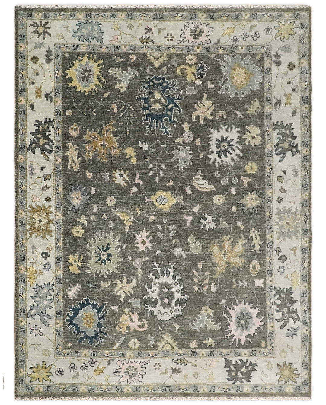 Living Room Rug 5x8, 6x9, 8x10, 9x12, 10x14 and 12x15 Hand Knotted Charcoal and Beige Traditional Vintage Persian Style Antique Wool Rug | TRDCP734 - The Rug Decor