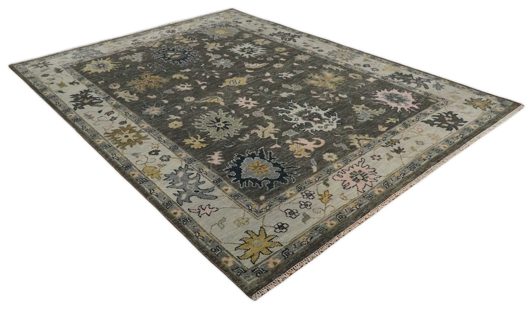 Living Room Rug 5x8, 6x9, 8x10, 9x12, 10x14 and 12x15 Hand Knotted Charcoal and Beige Traditional Vintage Persian Style Antique Wool Rug | TRDCP734 - The Rug Decor