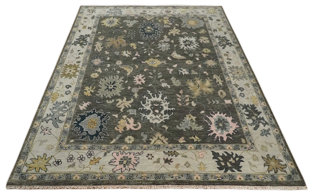 Living Room Rug 5x8, 6x9, 8x10, 9x12, 10x14 and 12x15 Hand Knotted Charcoal and Beige Traditional Vintage Persian Style Antique Wool Rug | TRDCP734 - The Rug Decor