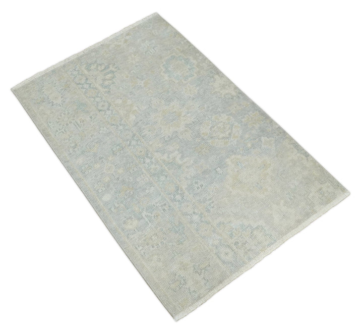 Low Pile 2x3 Hand Knotted Gray, Beige and Ivory Traditional Oushak Wool Rug - The Rug Decor