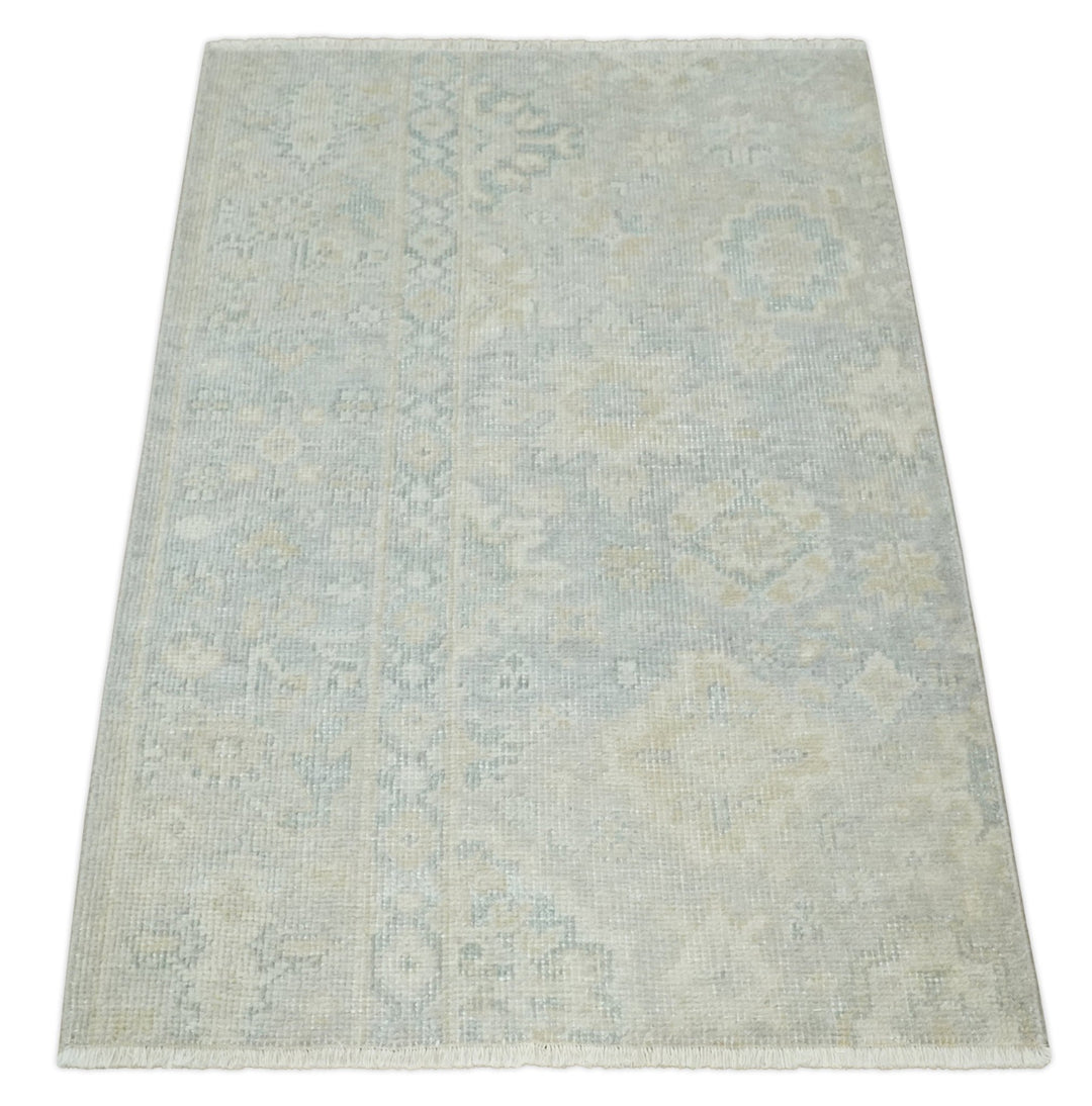 Low Pile 2x3 Hand Knotted Gray, Beige and Ivory Traditional Oushak Wool Rug - The Rug Decor