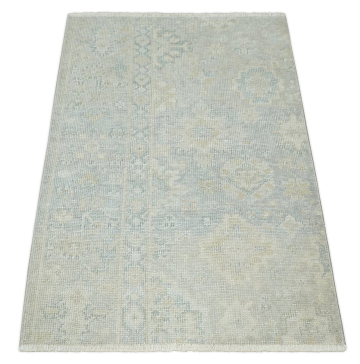 Low Pile 2x3 Hand Knotted Gray, Beige and Ivory Traditional Oushak Wool Rug - The Rug Decor