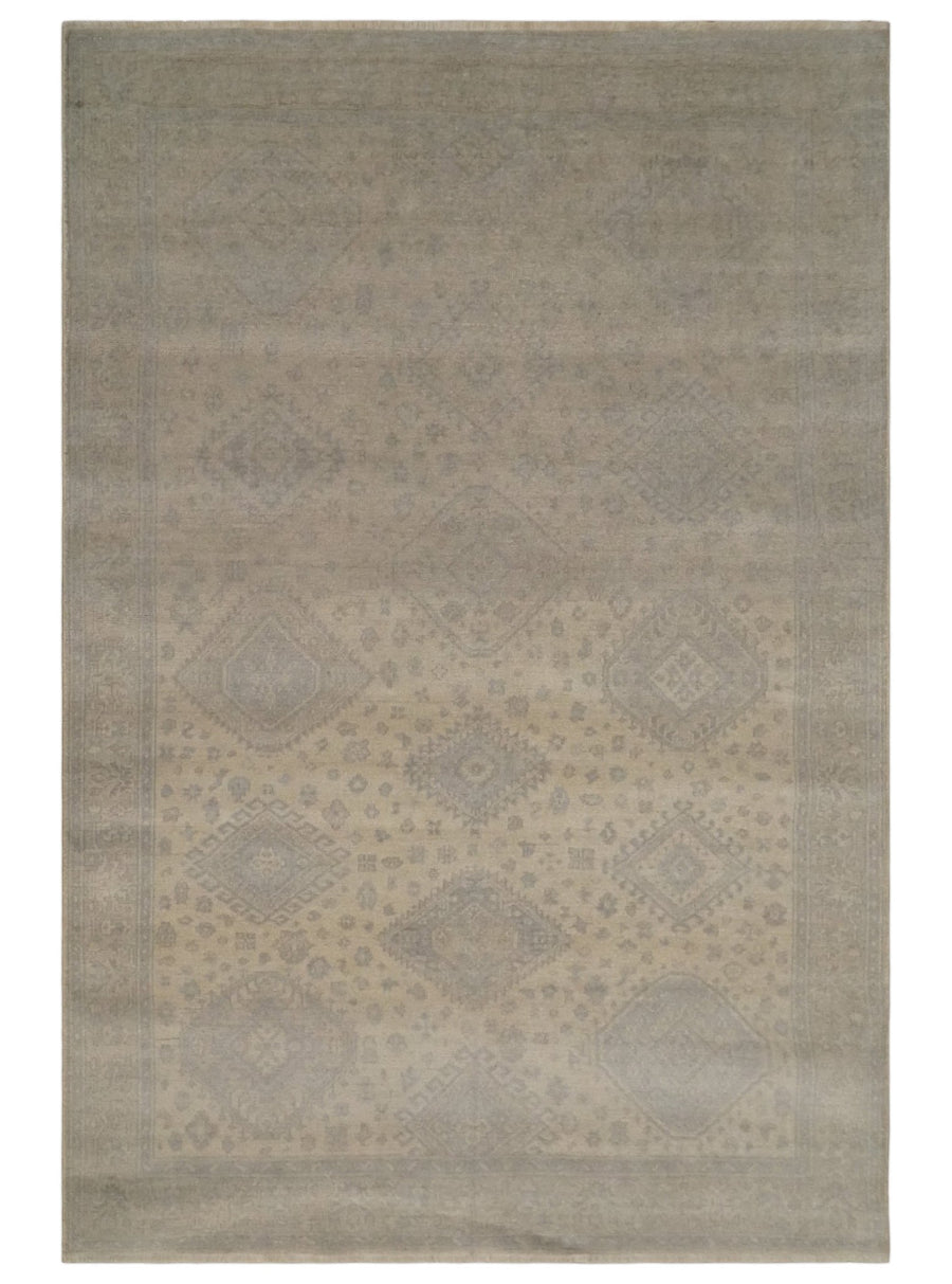 Low Pile 6x9 Hand Knotted Beige and Gray Traditional Wool Area Rug - The Rug Decor