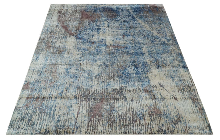 Luxury 8x10 Hand knotted Blue, Ivory and Brown Abstract wool and Silk Blended Area Rug - The Rug Decor