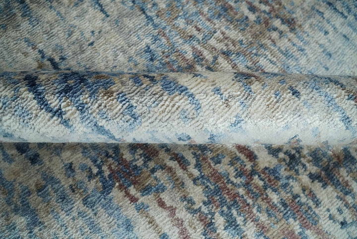 Luxury 8x10 Hand knotted Blue, Ivory and Brown Abstract wool and Silk Blended Area Rug - The Rug Decor