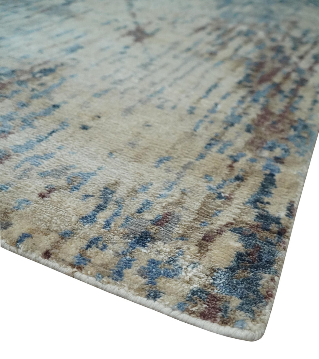 Luxury 8x10 Hand knotted Blue, Ivory and Brown Abstract wool and Silk Blended Area Rug - The Rug Decor