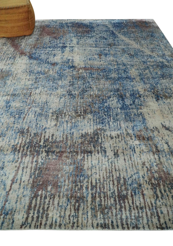 Luxury 8x10 Hand knotted Blue, Ivory and Brown Abstract wool and Silk Blended Area Rug - The Rug Decor