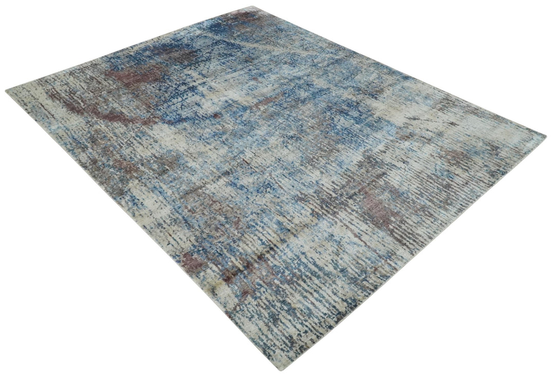 Luxury 8x10 Hand knotted Blue, Ivory and Brown Abstract wool and Silk Blended Area Rug - The Rug Decor