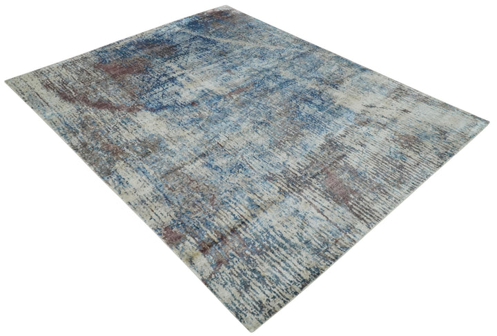 Luxury 8x10 Hand knotted Blue, Ivory and Brown Abstract wool and Silk Blended Area Rug - The Rug Decor