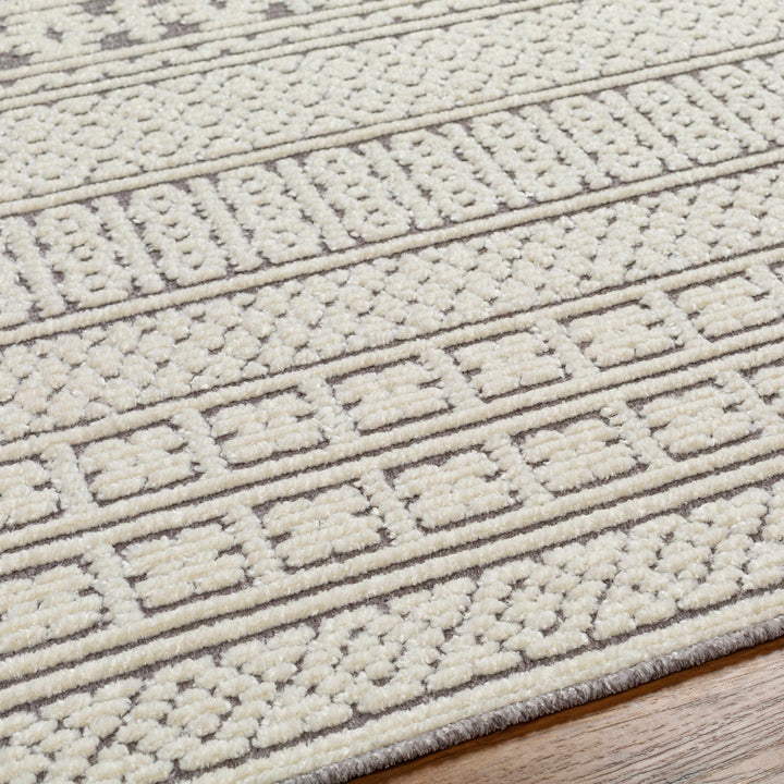 Machine Woven Carved Pattern Ivory and Dusty Mauve Premium Look Machine Washable Rug