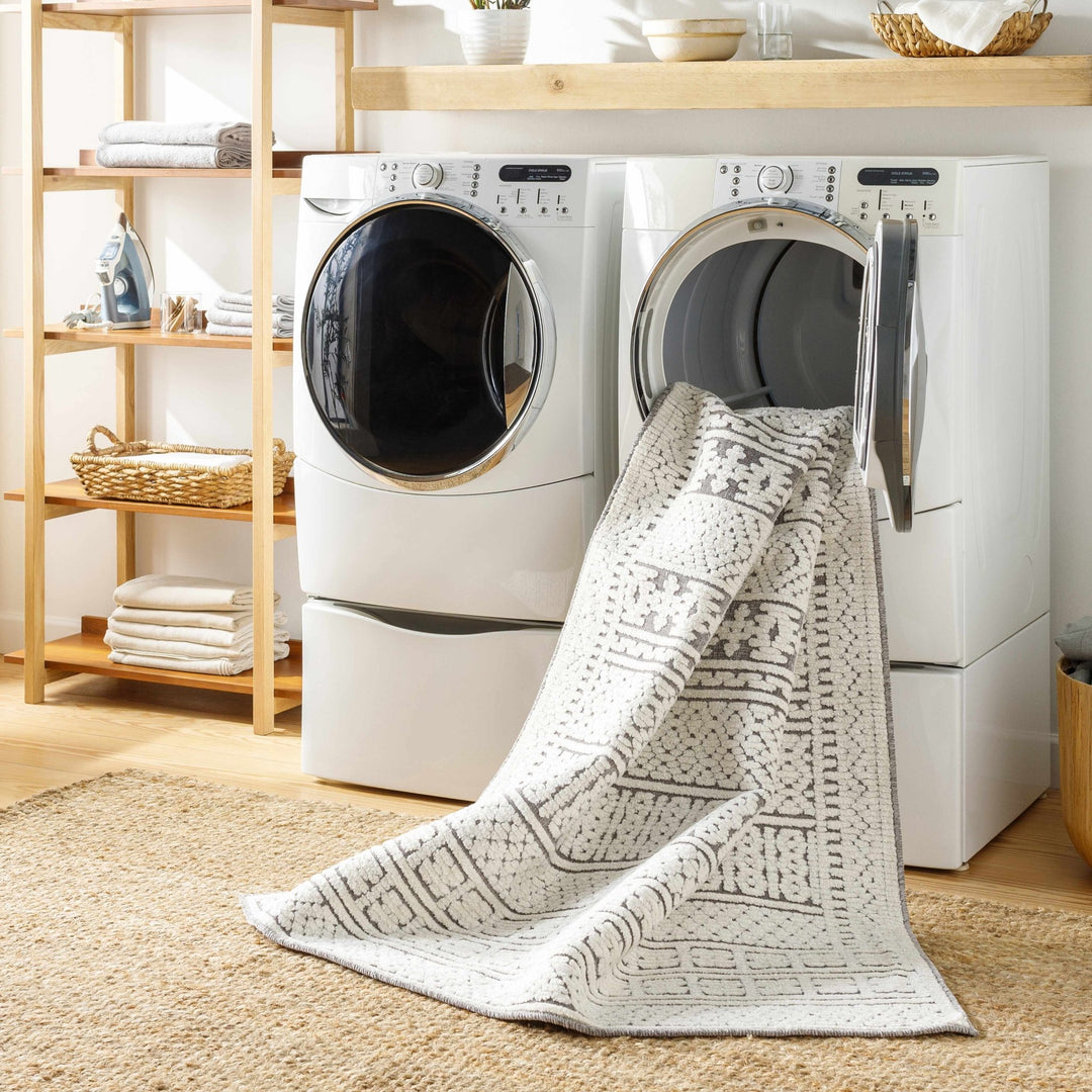 Machine Woven Carved Pattern Ivory and Dusty Mauve Premium Look Machine Washable Rug - The Rug Decor