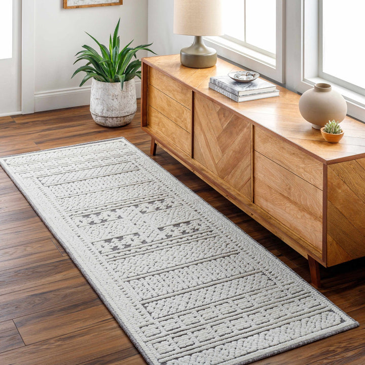 Machine Woven Carved Pattern Ivory and Dusty Mauve Premium Look Machine Washable Rug - The Rug Decor