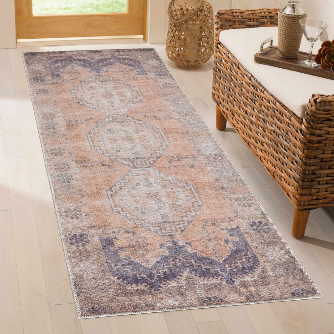 Machine Woven Peach, Silver, Blue and Brown Traditional Machine washable Turkish Rug - The Rug Decor