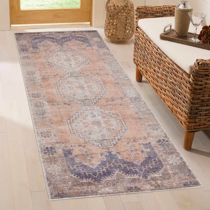 Machine Woven Peach, Silver, Blue and Brown Traditional Machine washable Turkish Rug - The Rug Decor