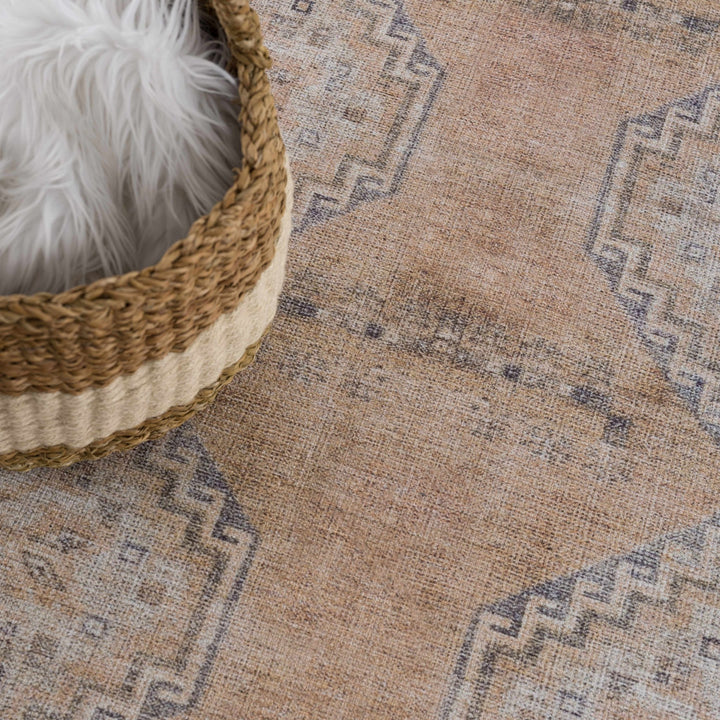 Machine Woven Peach, Silver, Blue and Brown Traditional Machine washable Turkish Rug - The Rug Decor