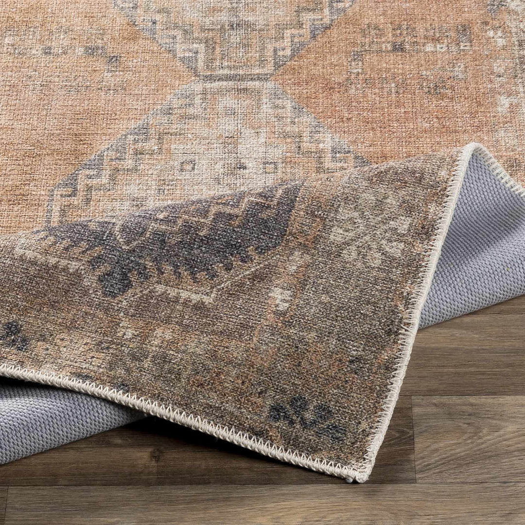 Machine Woven Peach, Silver, Blue and Brown Traditional Machine washable Turkish Rug - The Rug Decor