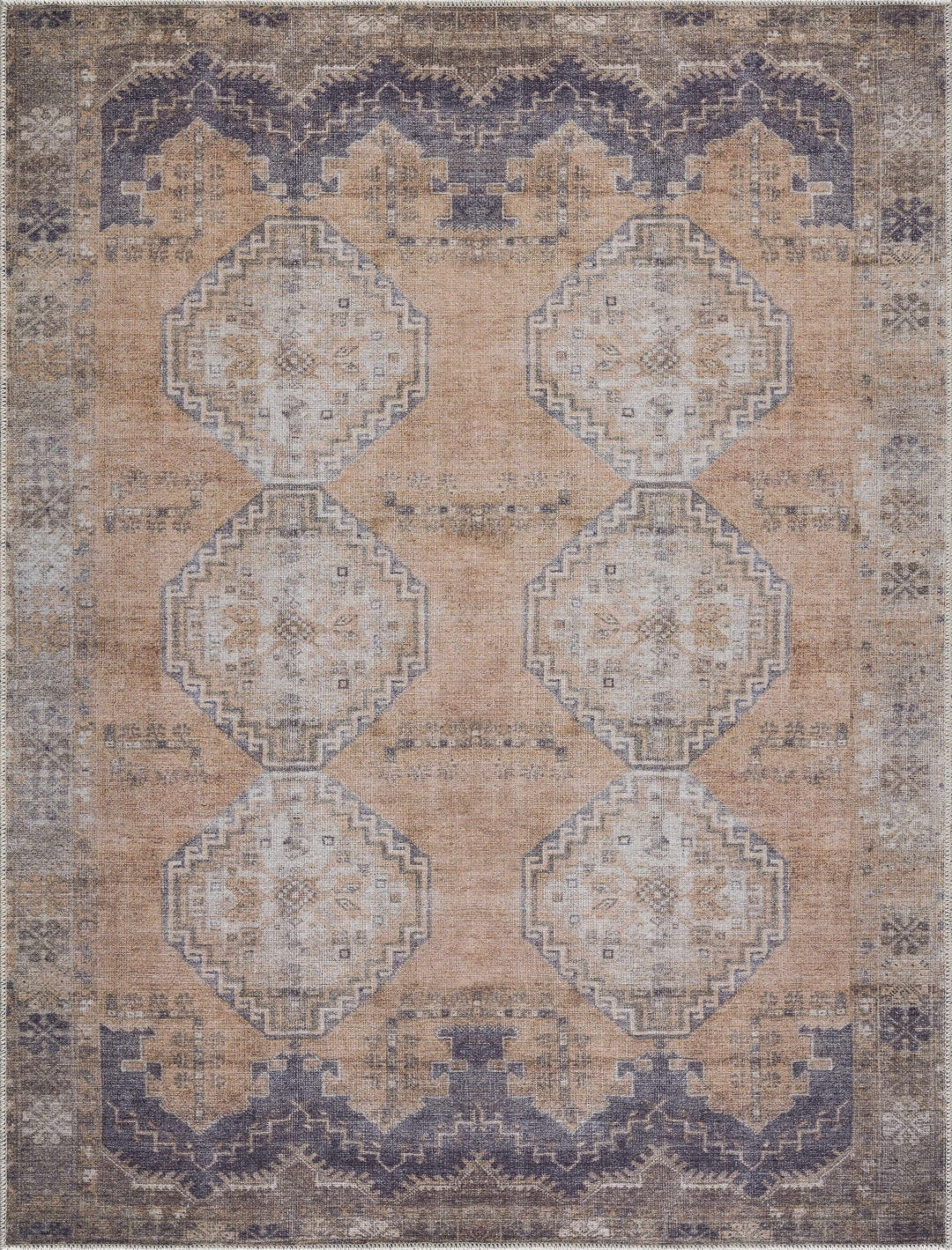 Machine Woven Peach, Silver, Blue and Brown Traditional Machine washable Turkish Rug - The Rug Decor