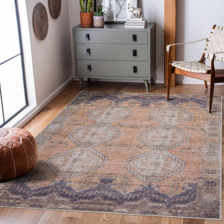 Machine Woven Peach, Silver, Blue and Brown Traditional Machine washable Turkish Rug - The Rug Decor