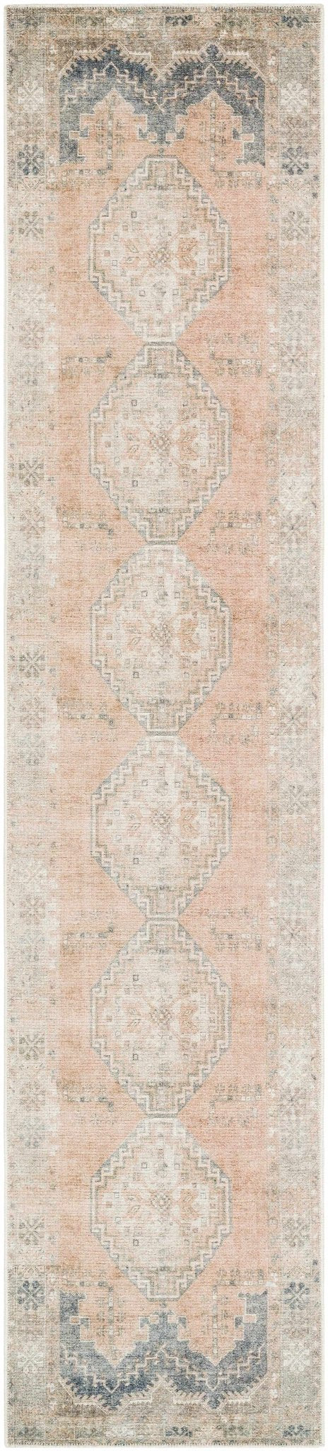 Machine Woven Peach, Silver, Blue and Brown Traditional Machine washable Turkish Rug - The Rug Decor