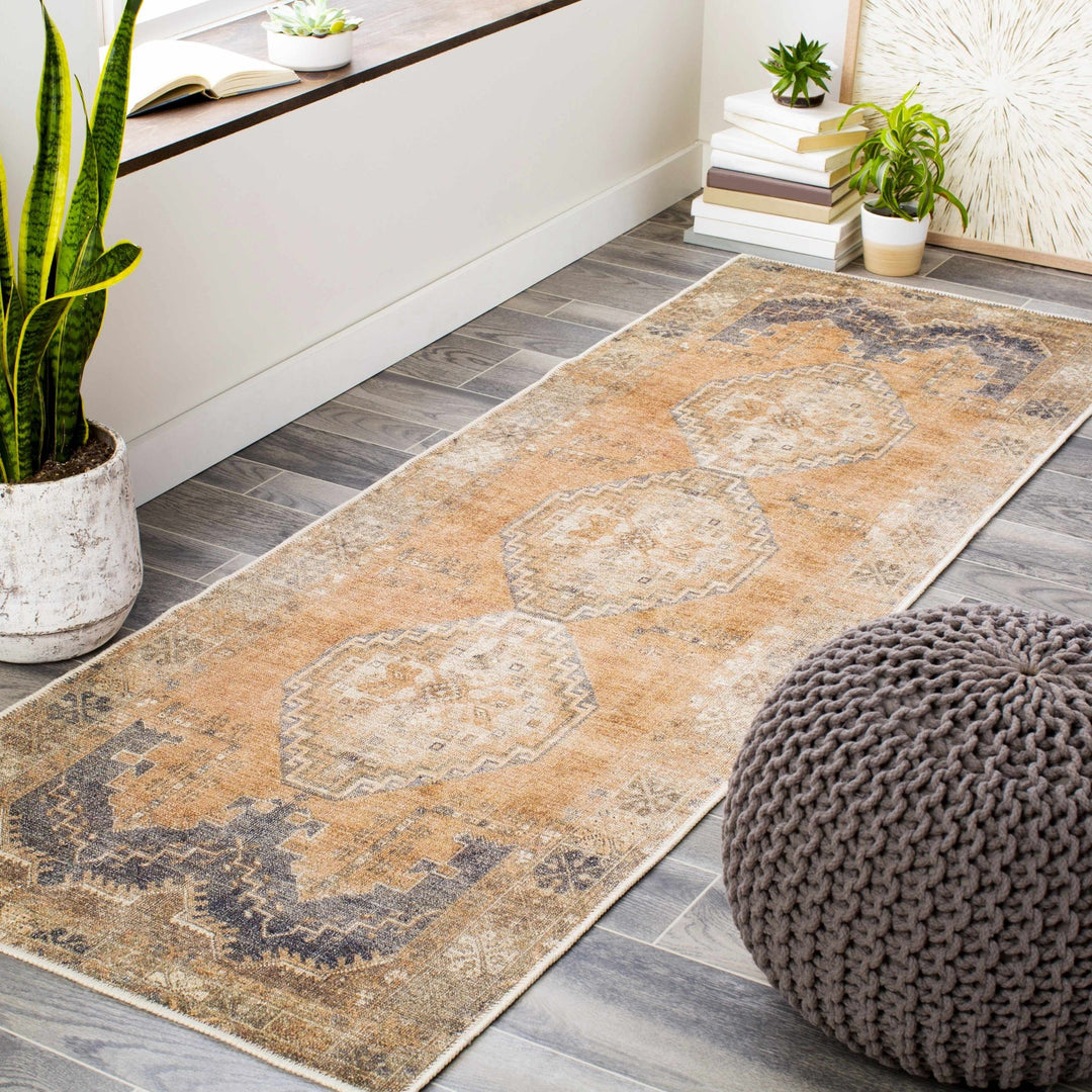 Machine Woven Peach, Silver, Blue and Brown Traditional Machine washable Turkish Rug - The Rug Decor