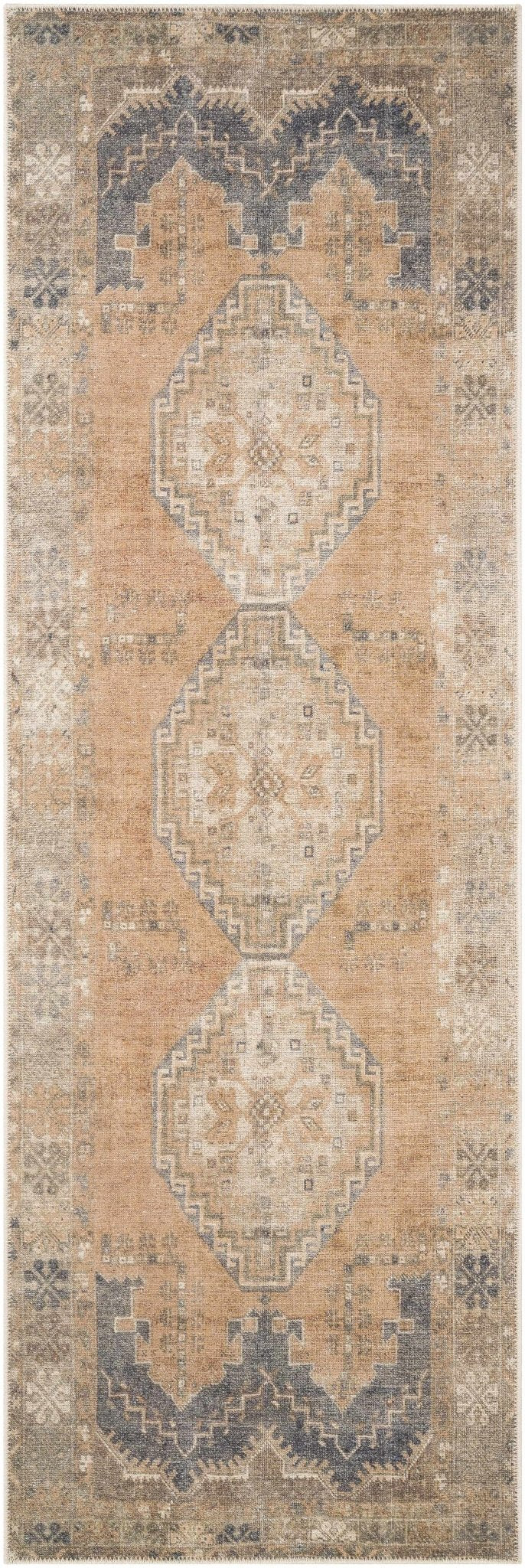 Machine Woven Peach, Silver, Blue and Brown Traditional Machine washable Turkish Rug - The Rug Decor