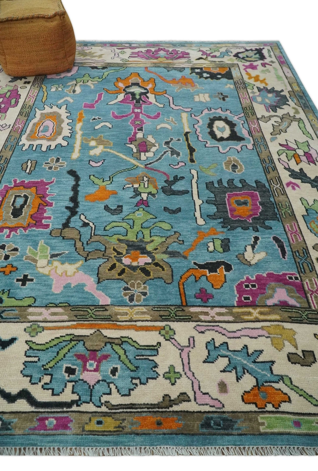 Made to Order Traditional Blue and Ivory Vibrant colorful Hand knotted Oushak wool area rug - The Rug Decor
