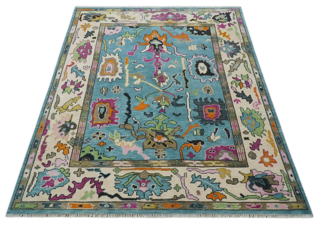 Made to Order Traditional Blue and Ivory Vibrant colorful Hand knotted Oushak wool area rug - The Rug Decor