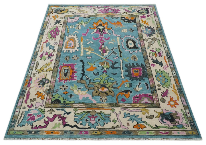 Made to Order Traditional Blue and Ivory Vibrant colorful Hand knotted Oushak wool area rug - The Rug Decor