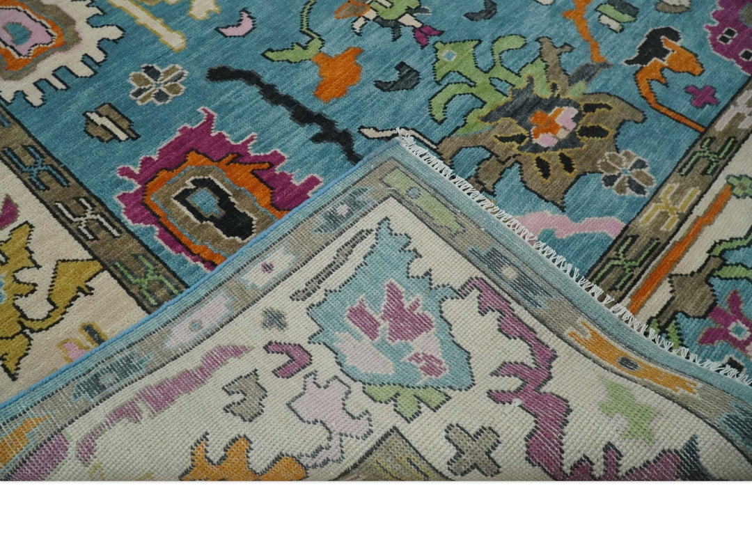 Made to Order Traditional Blue and Ivory Vibrant colorful Hand knotted Oushak wool area rug - The Rug Decor