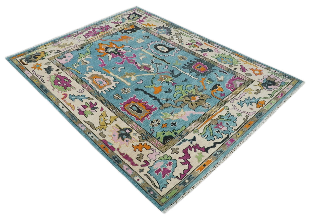 Made to Order Traditional Blue and Ivory Vibrant colorful Hand knotted Oushak wool area rug - The Rug Decor