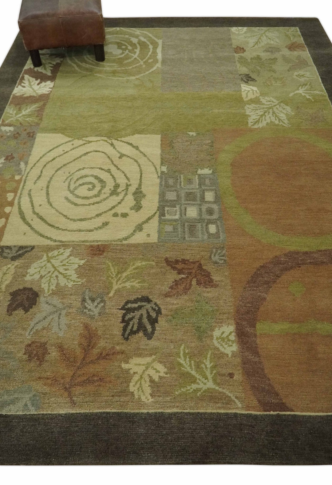 Mainstays Traditional Leaf Block Print Olive, Beige, Rust and Brown 6x8 Indoor wool Area Rug - The Rug Decor
