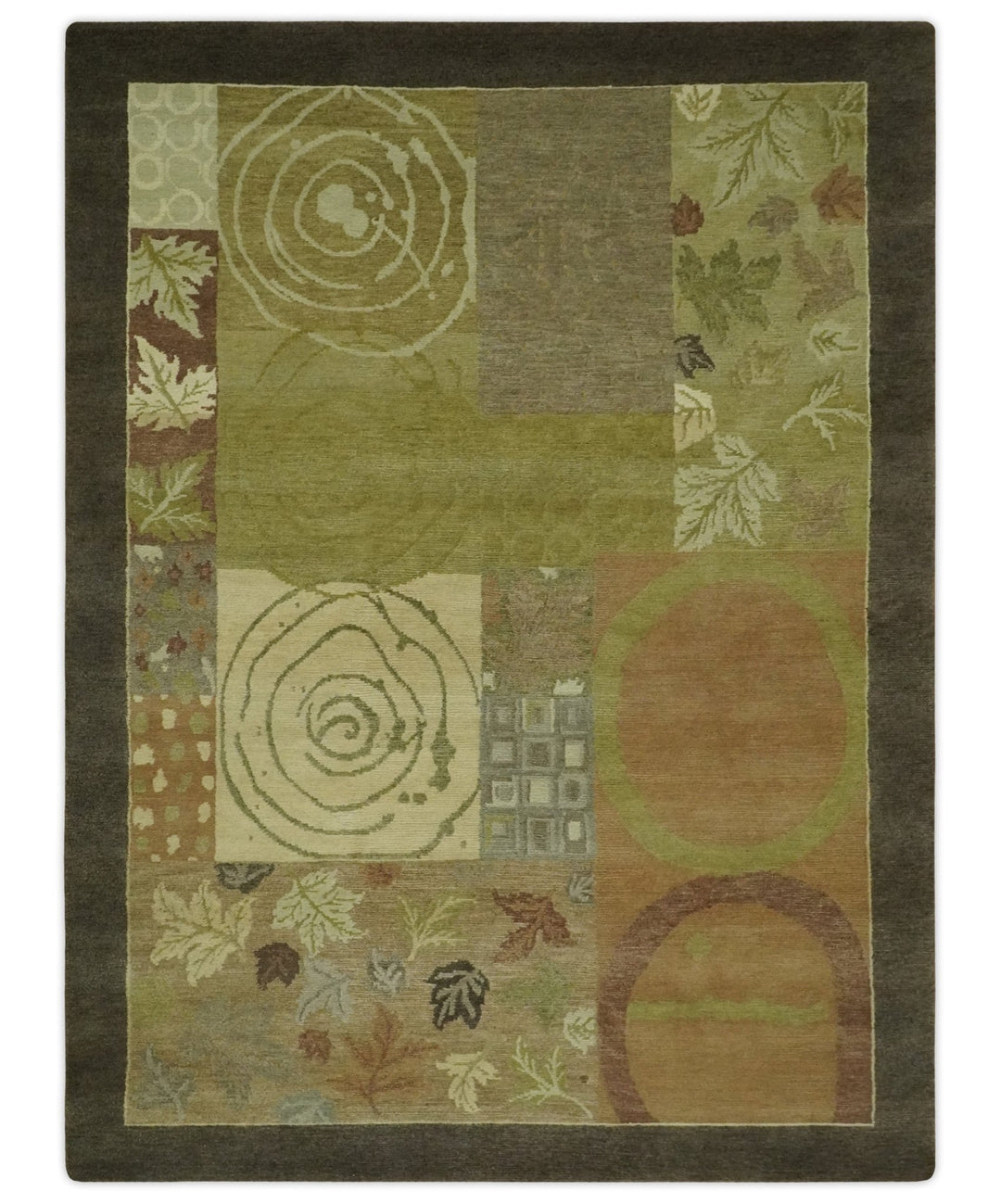 Mainstays Traditional Leaf Block Print Olive, Beige, Rust and Brown 6x8 Indoor wool Area Rug - The Rug Decor