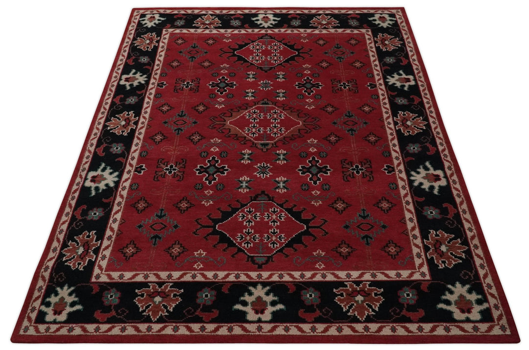 Maroon and Black Traditional Oriental Hand Knotted Custom Made wool Area Rug - The Rug Decor