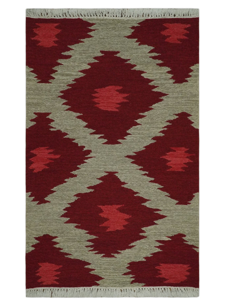 Maroon, Beige and Rust 3x5 Ikat Pattern Hand Woven Soumak Dhurrie Wool Area Rug - The Rug Decor