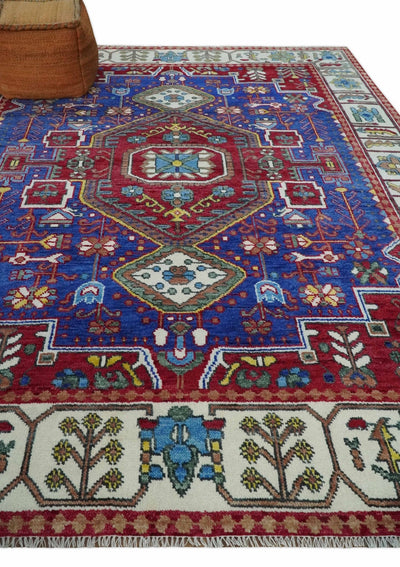 Maroon, Blue and ivory Hand Knotted Antique 8x10 Traditional Wool Rug - The Rug Decor