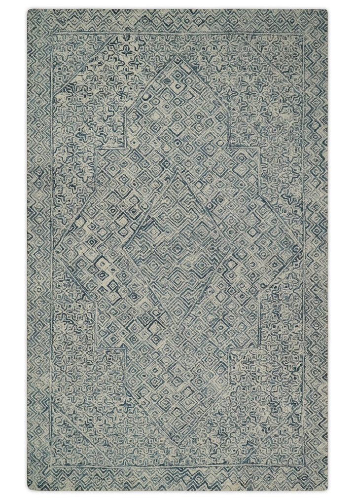 Mid Century Modern Hand Tufted 2x3, 3x5, 5x8, 6x9, 8x10 and 9x12 Woolen Beige and Blue Area Rug | MIR1 - The Rug Decor