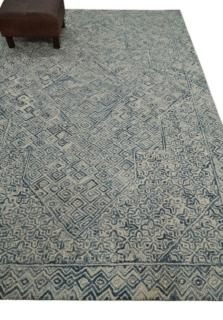 Mid Century Modern Hand Tufted 2x3, 3x5, 5x8, 6x9, 8x10 and 9x12 Woolen Beige and Blue Area Rug | MIR1 - The Rug Decor