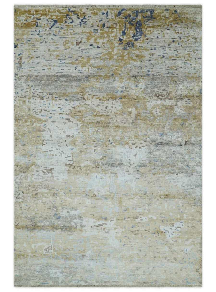 Modern 6x9 Beige, Ivory, Silver and Blue Abstract Hand Knotted Bamboo Silk Area Rug - The Rug Decor