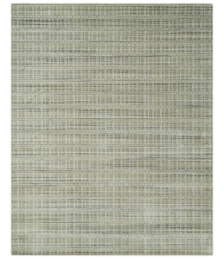 Modern 8x10 Hand Made striped Camel, White and Brown Scandinavian Blended Wool Flatwoven Area Rug | KE33 - The Rug Decor
