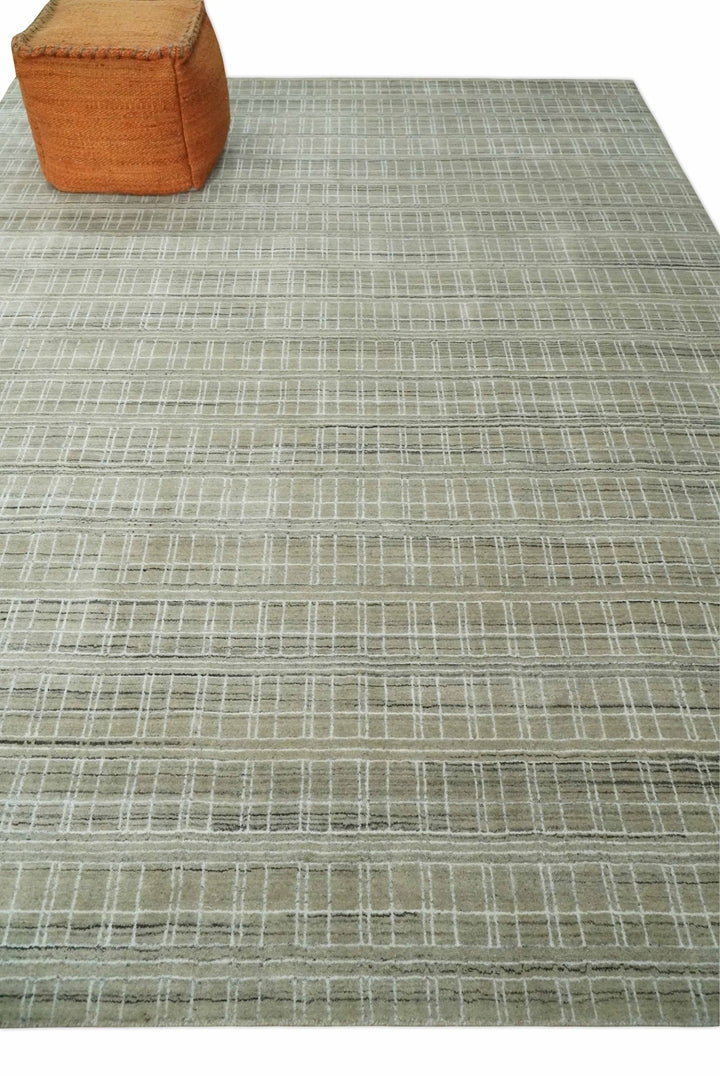 Modern 8x10 Hand Made striped Camel, White and Brown Scandinavian Blended Wool Flatwoven Area Rug | KE33 - The Rug Decor