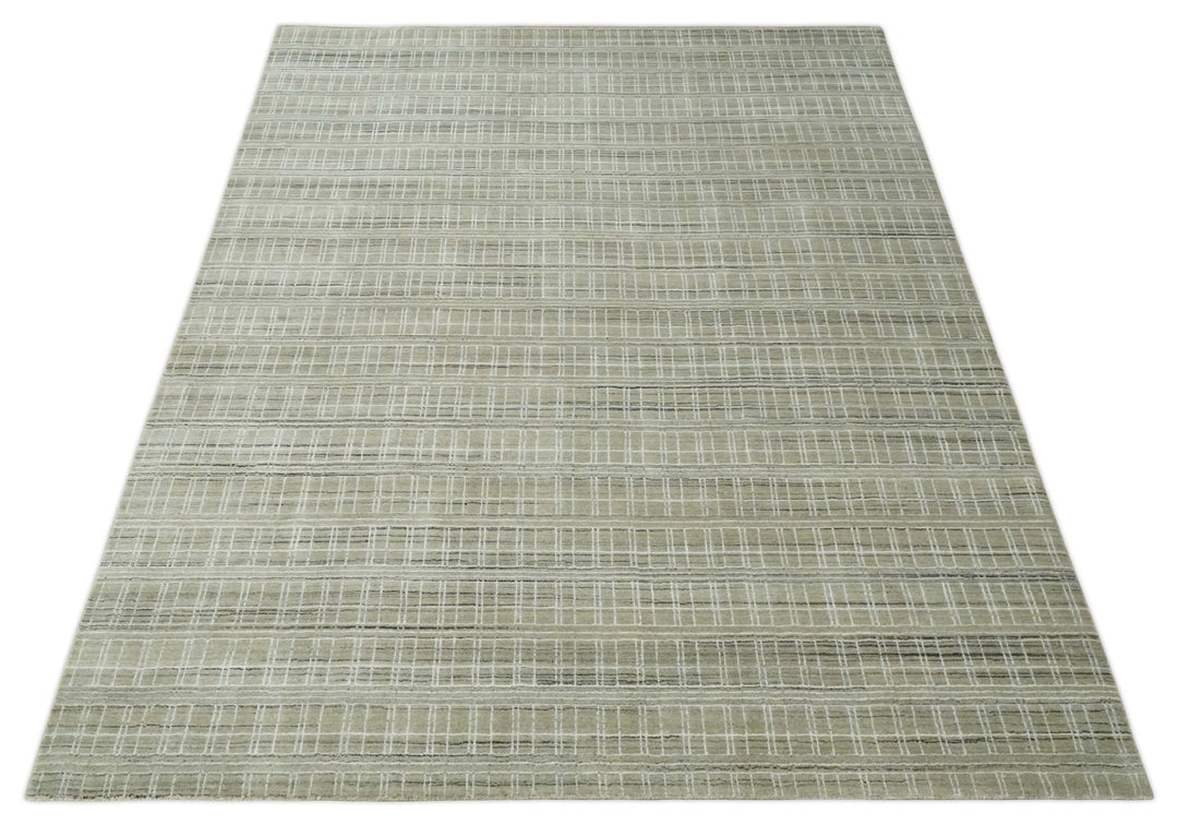Modern 8x10 Hand Made striped Camel, White and Brown Scandinavian Blended Wool Flatwoven Area Rug | KE33 - The Rug Decor