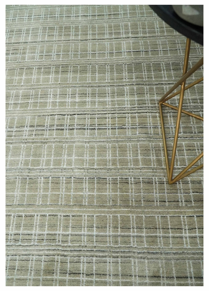 Modern 8x10 Hand Made striped Camel, White and Brown Scandinavian Blended Wool Flatwoven Area Rug | KE33 - The Rug Decor