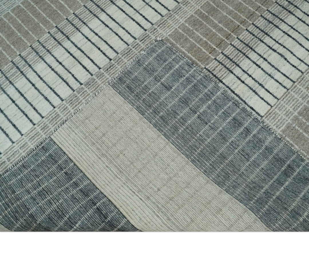 Modern 8x10 Hand Made Stripes Ivory, Black and Brown Scandinavian Blended Wool Flatwoven Area Rug | KE5 - The Rug Decor