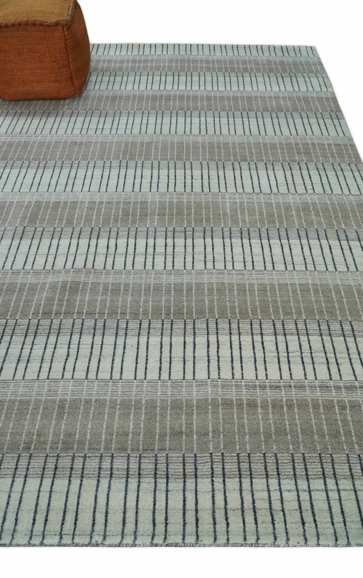 Modern 8x10 Hand Made Stripes Ivory, Black and Brown Scandinavian Blended Wool Flatwoven Area Rug | KE5 - The Rug Decor