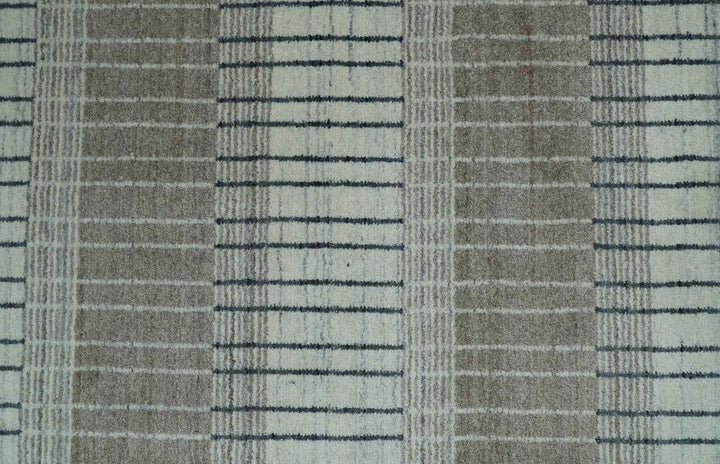 Modern 8x10 Hand Made Stripes Ivory, Black and Brown Scandinavian Blended Wool Flatwoven Area Rug | KE5 - The Rug Decor