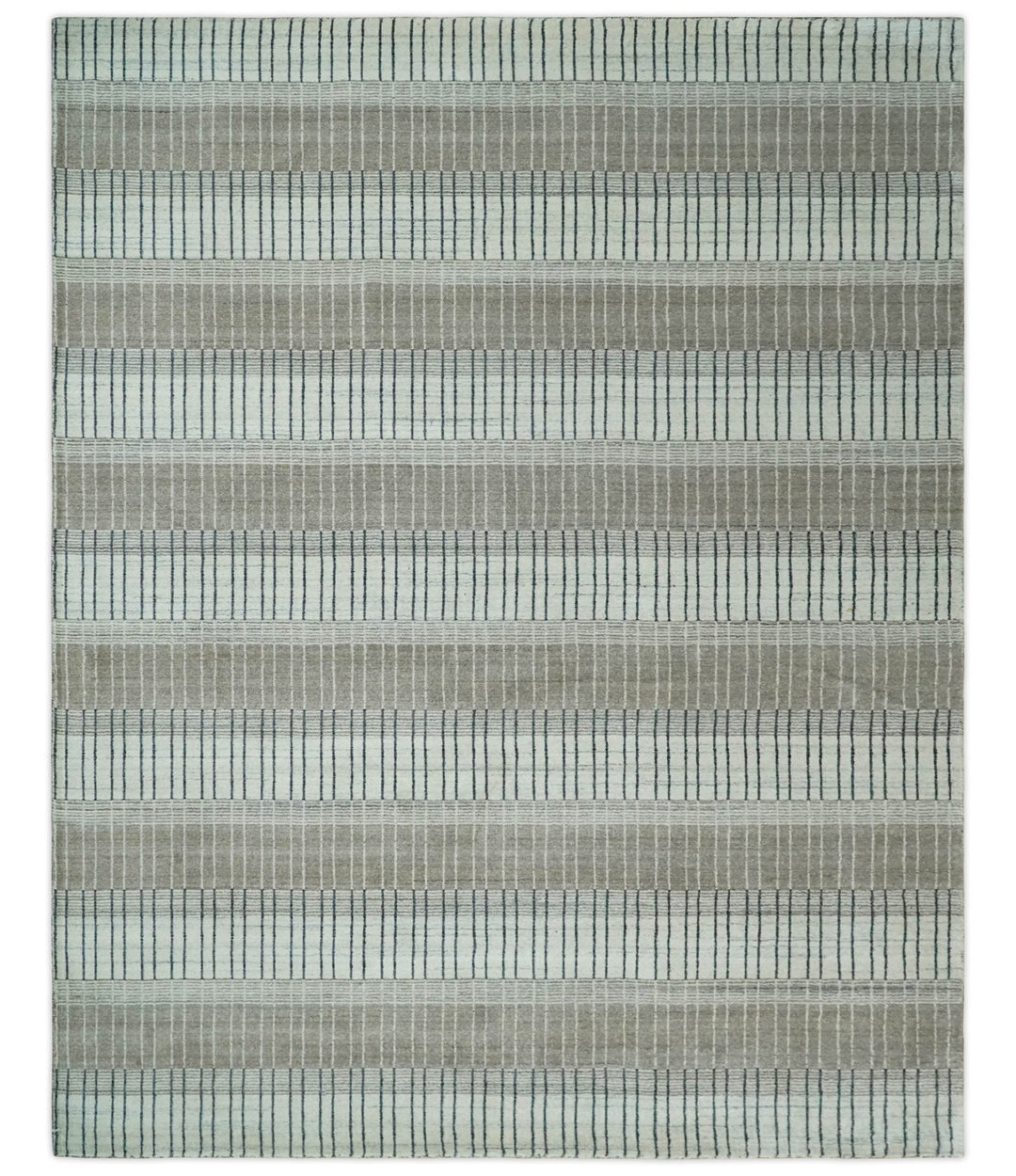 Modern 8x10 Hand Made Stripes Ivory, Black and Brown Scandinavian Blended Wool Flatwoven Area Rug | KE5 - The Rug Decor